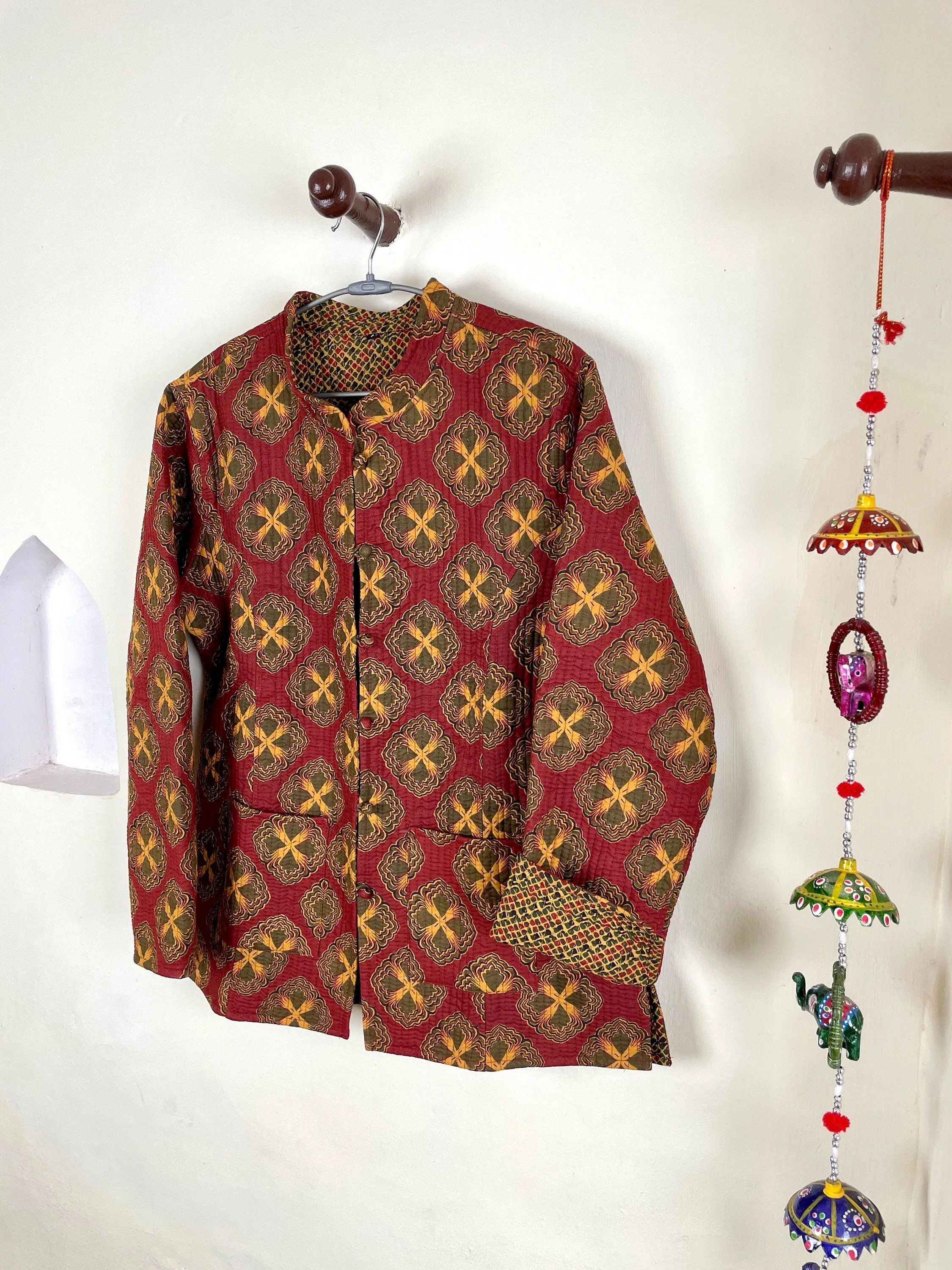 Indian Handmade Quilted Cotton Fabric Jacket Stylish Red & Yellow Bohemian Women's Coat, Reversible Waistcoat for Her