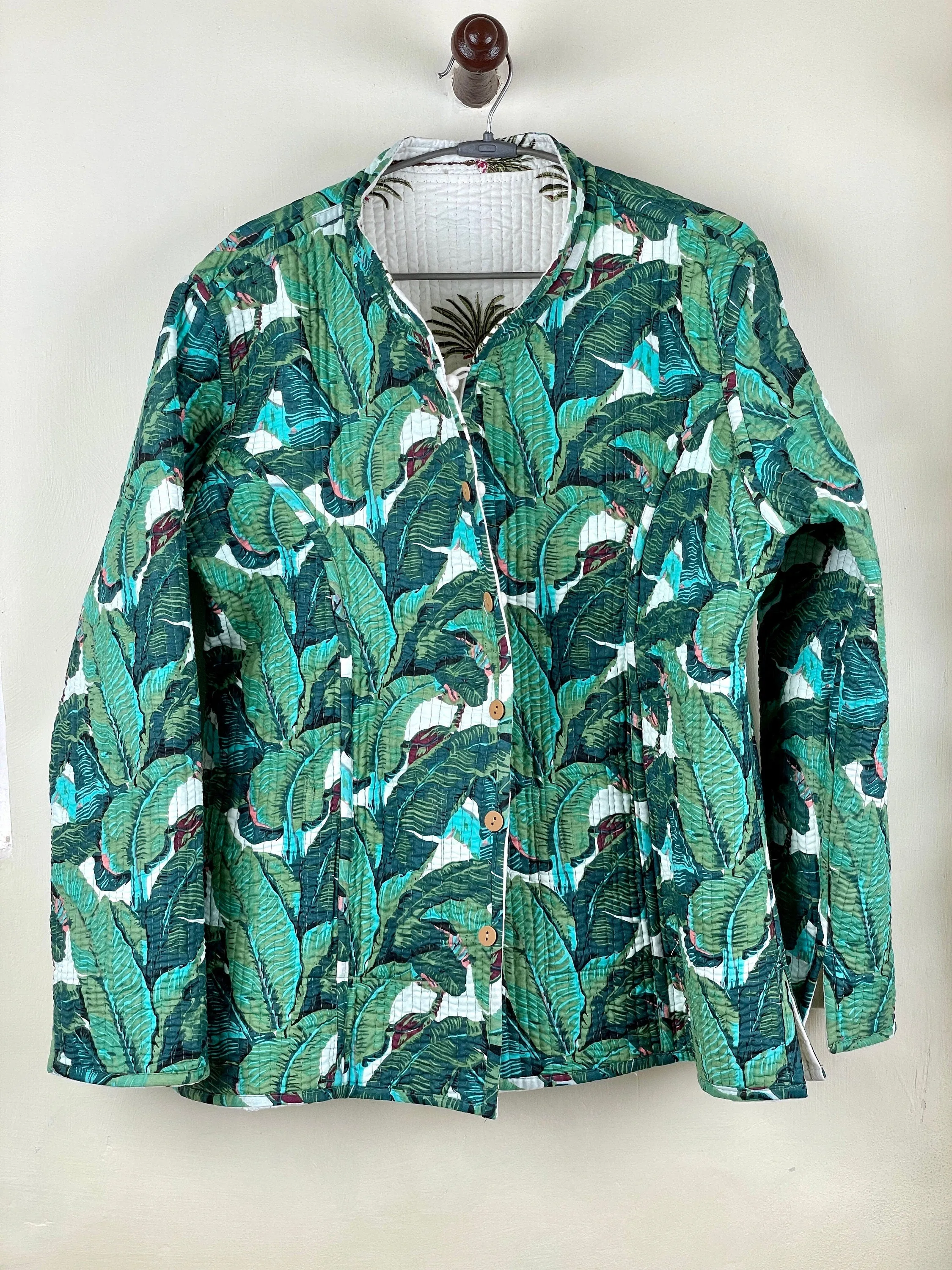 Indian Handmade Quilted Fabric Jacket Stylish White & Green Floral Women's Coat, Reversible Jacket for Her