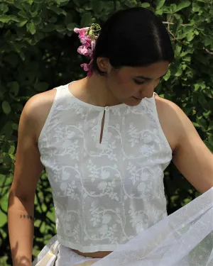 Ivory Pure Cotton Sleeveless Handprinted Blouse-Safed