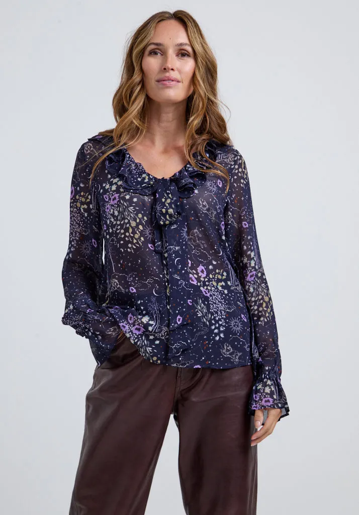 Joni Ruffle Neck Zodiac Print Blouse In Multi