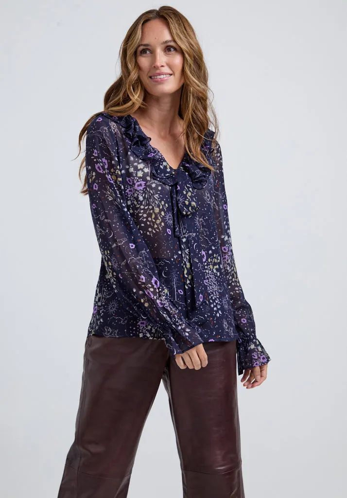 Joni Ruffle Neck Zodiac Print Blouse In Multi