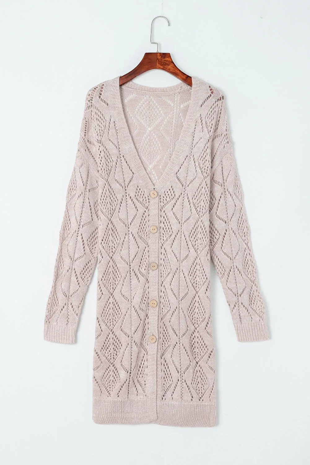 Khaki Hollow-out Openwork Knit Cardigan