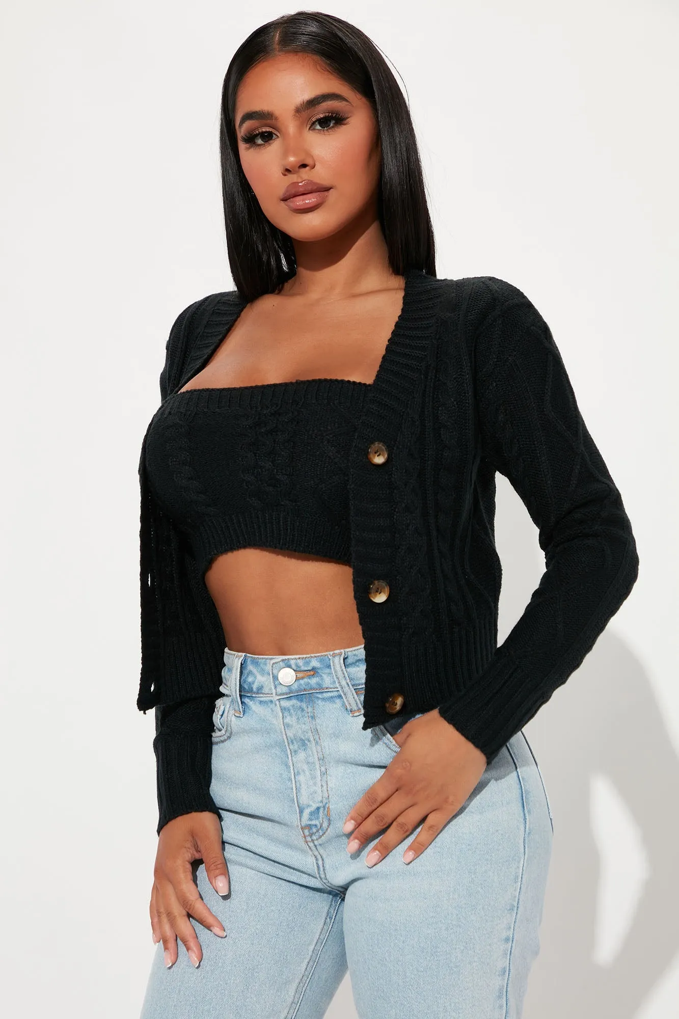 Missed You Cable Knit Sweater Set - Black