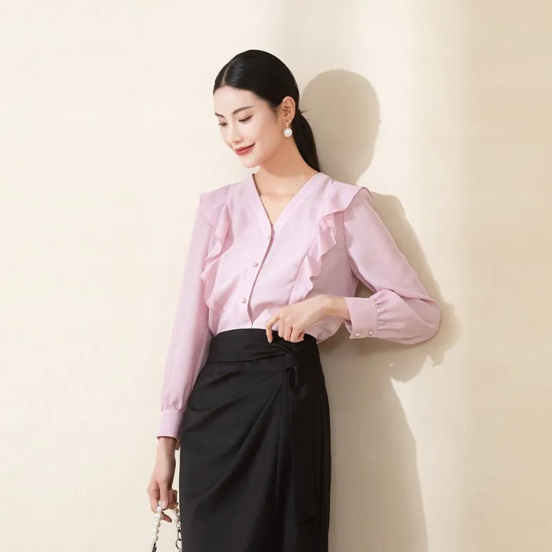 Mist Pink Collar Ruffles V Neck Blouses