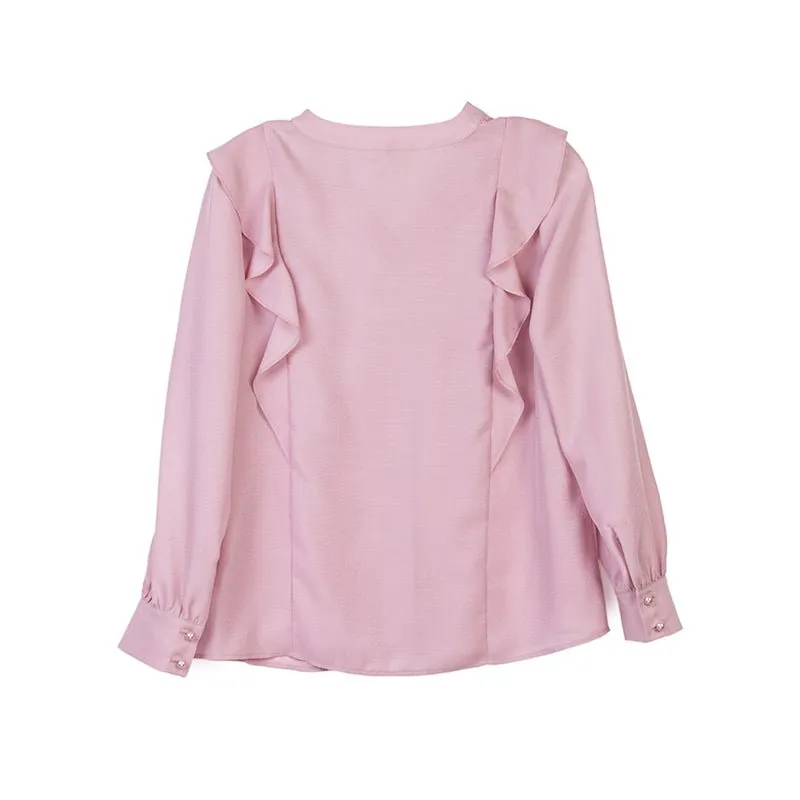 Mist Pink Collar Ruffles V Neck Blouses