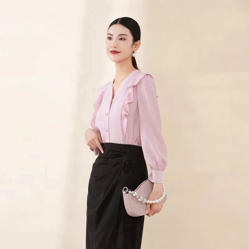 Mist Pink Collar Ruffles V Neck Blouses