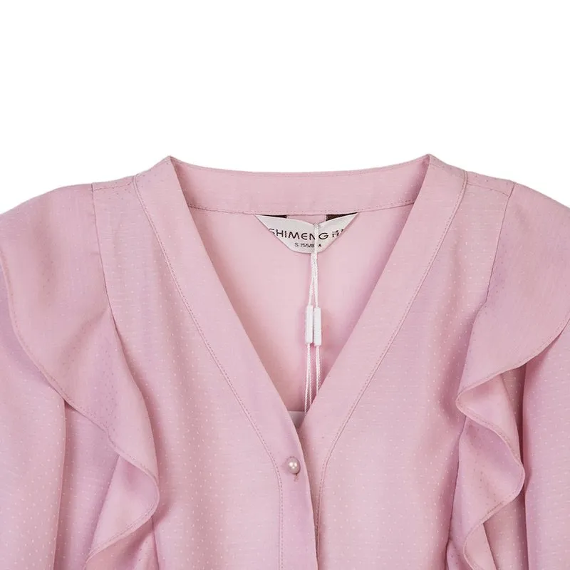 Mist Pink Collar Ruffles V Neck Blouses