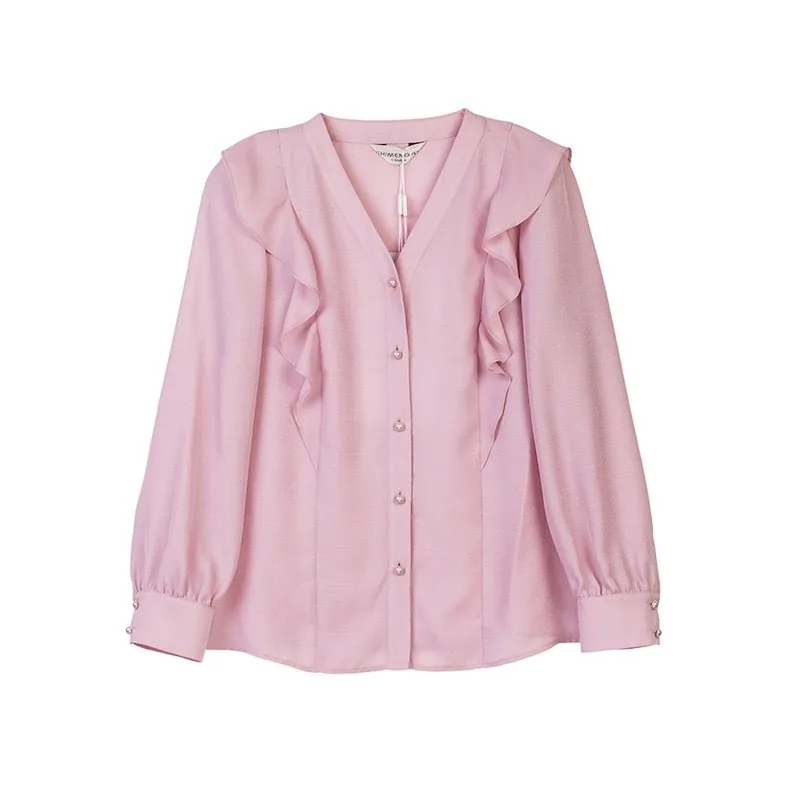 Mist Pink Collar Ruffles V Neck Blouses