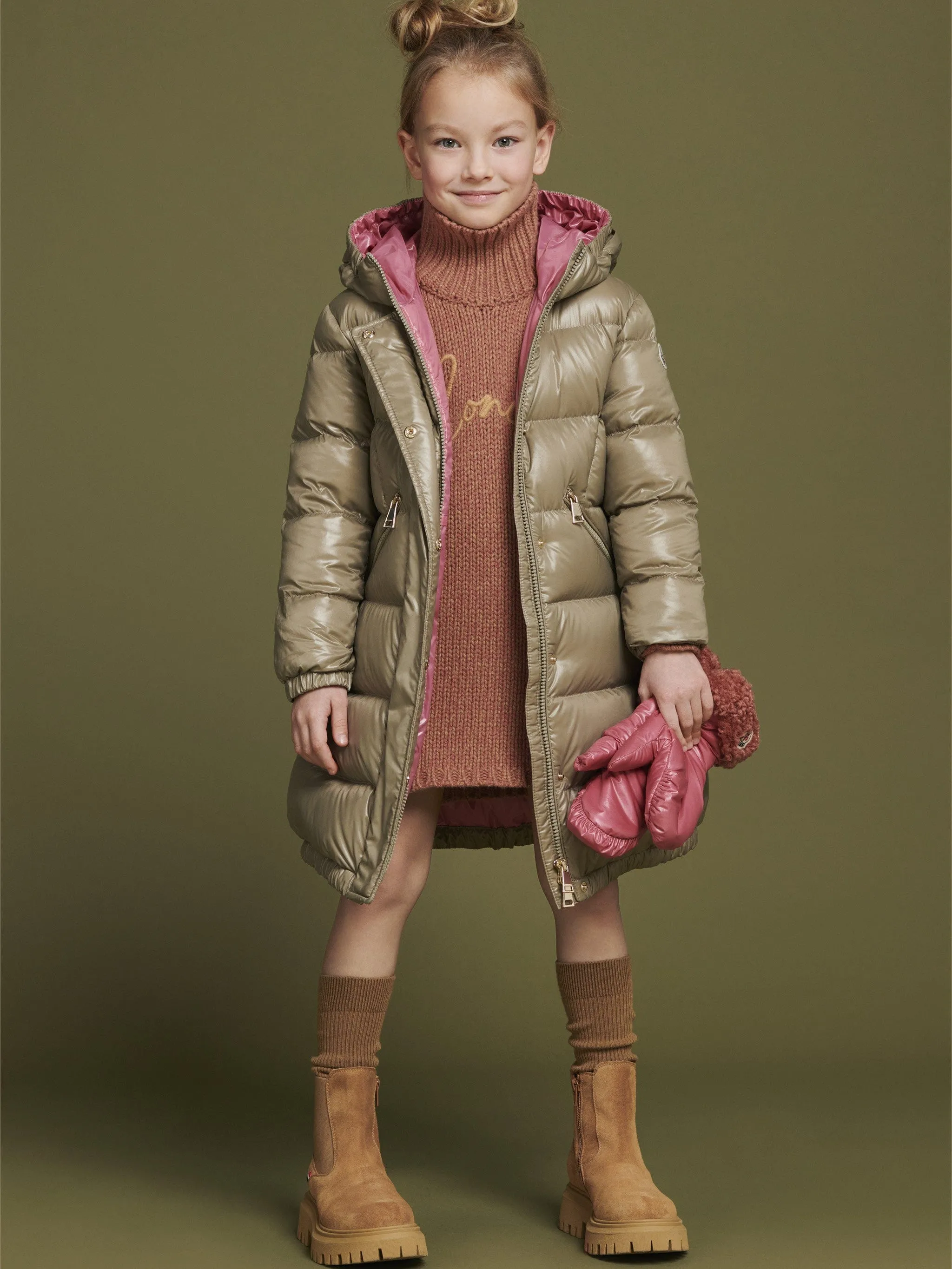 Moncler Enfant Girls Down Padded Bellevue Long Coat in Beige