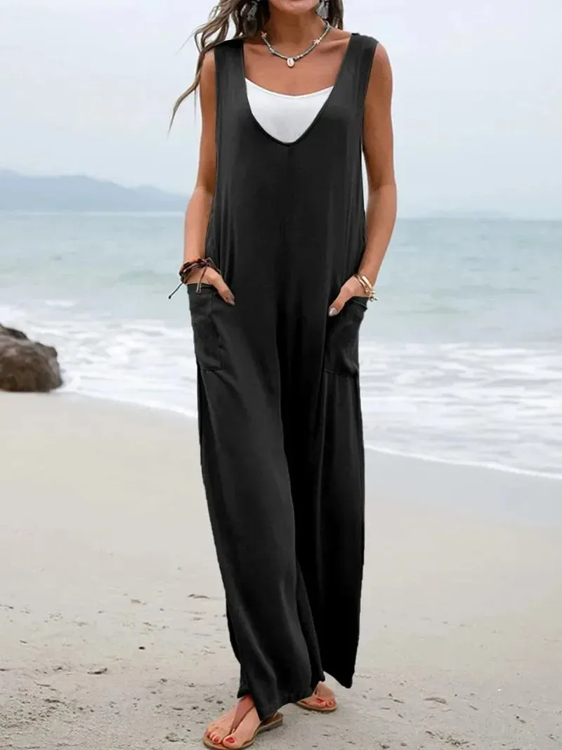 New Summer Women's Fashionable Solid Color Patch Bag Fashionable Jumpsuit V-neck Shoulder Strap Pants Wide Leg Long Pants