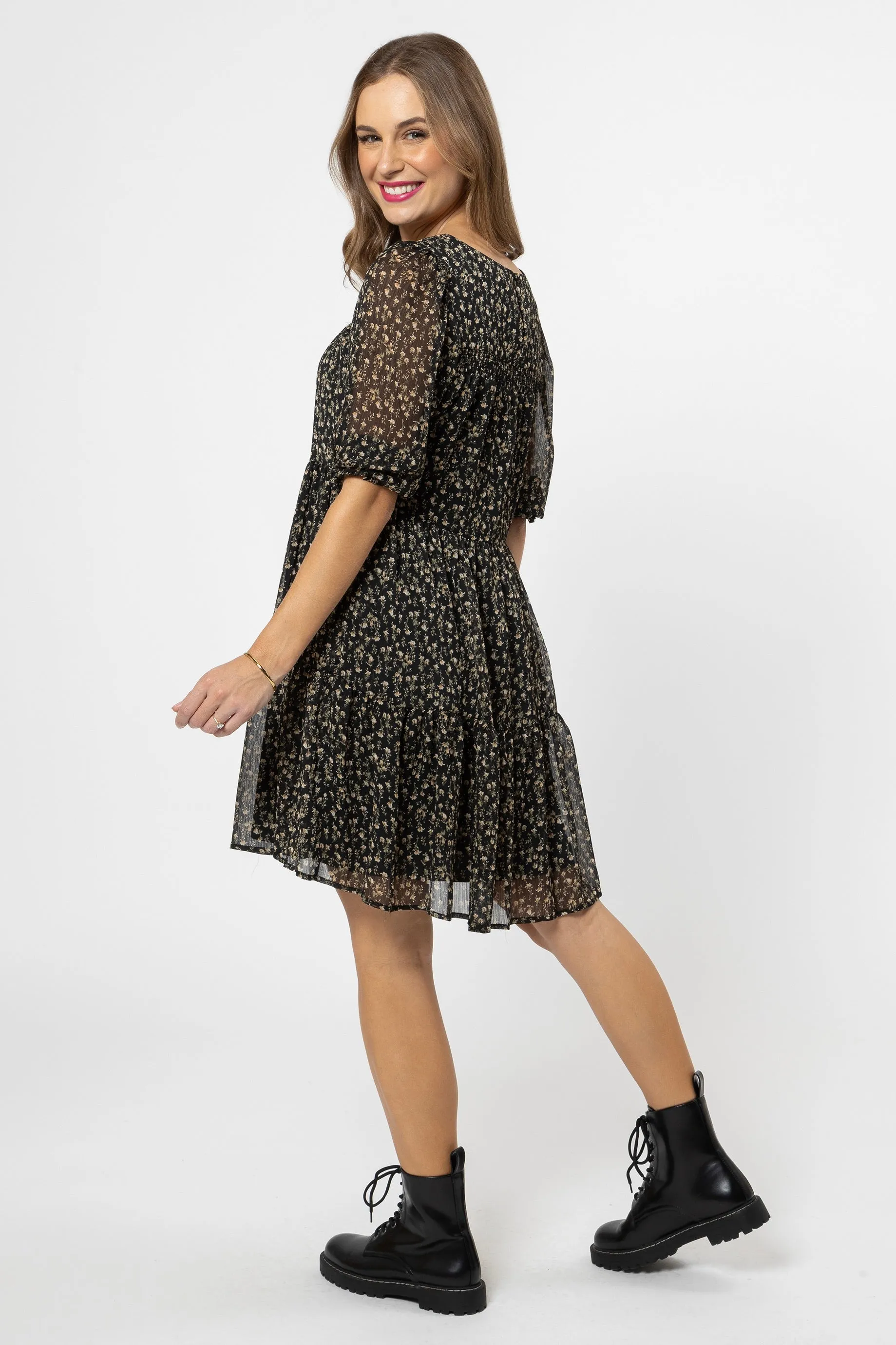 Noble Black Ditsy Floral SS Tiered Mini Dress