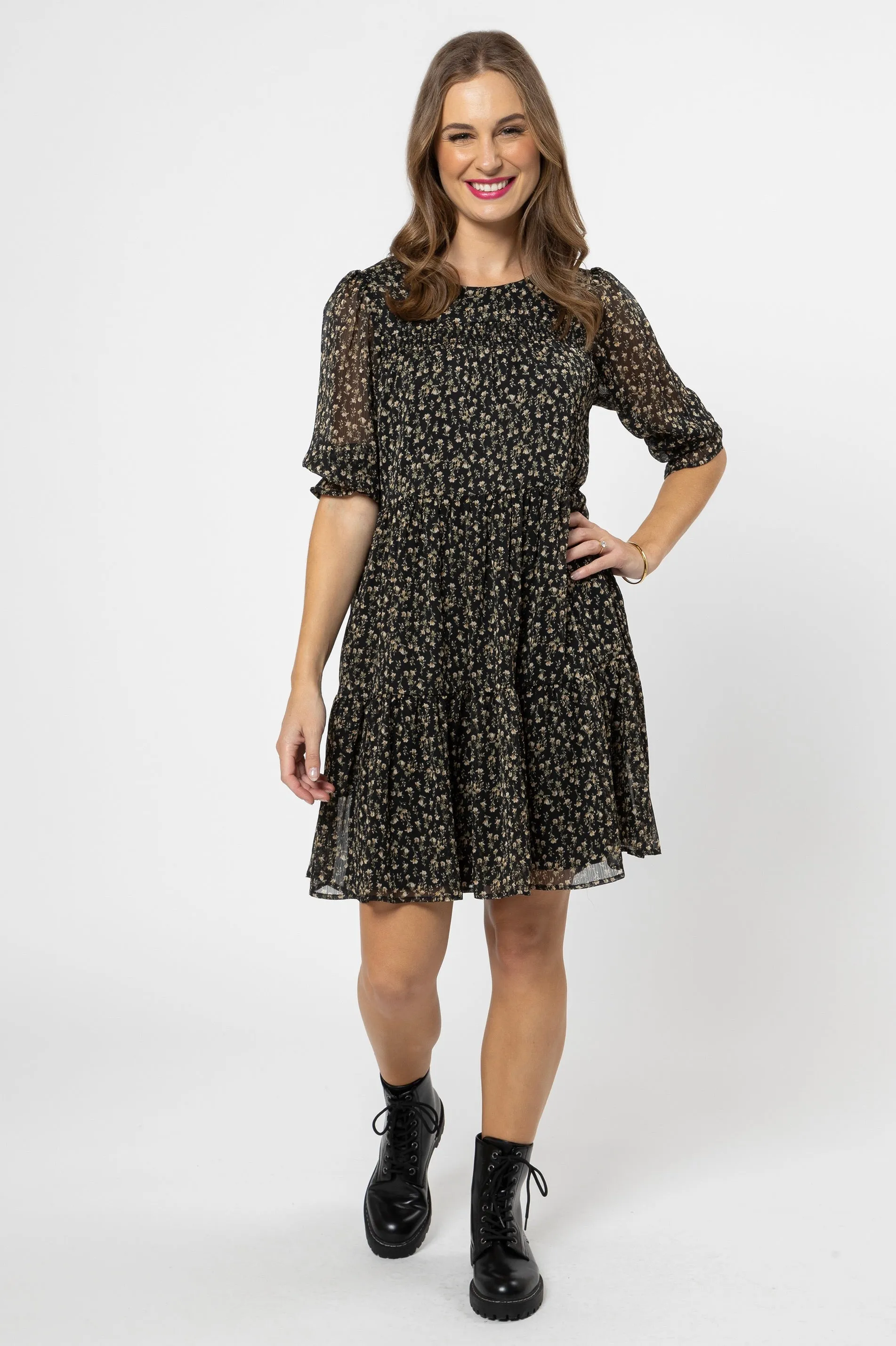 Noble Black Ditsy Floral SS Tiered Mini Dress