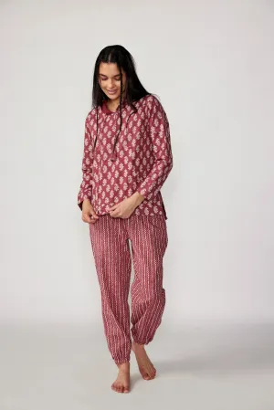 Paisley with Zigzag Stripes on Maroon Cotton Hoodie Set