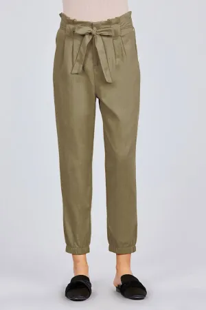 Paperbag W/bow Tie Elastic Hem Long Linen Pants - 2 colors