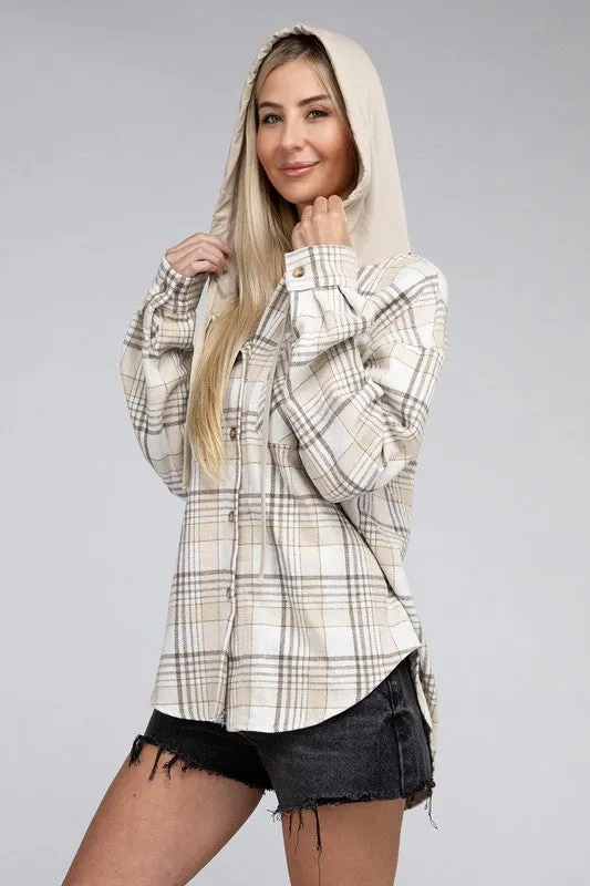 Plaid Hooded Button Up Jacket