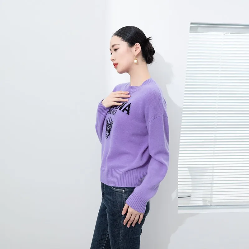 Purple Jacquard Round Neck Sweater