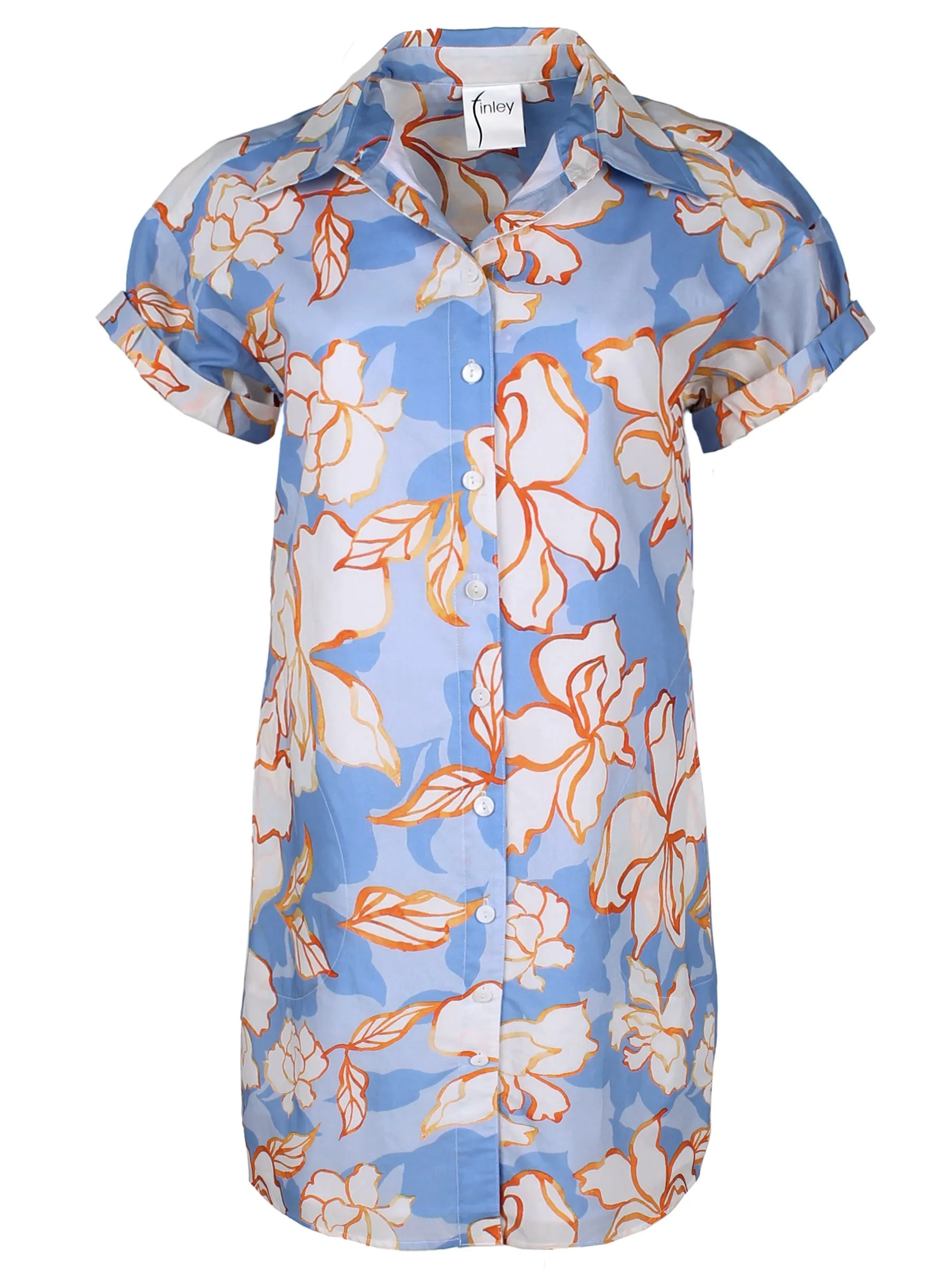 Roll Sleeve Camp Shirt Dress White Lotus Print