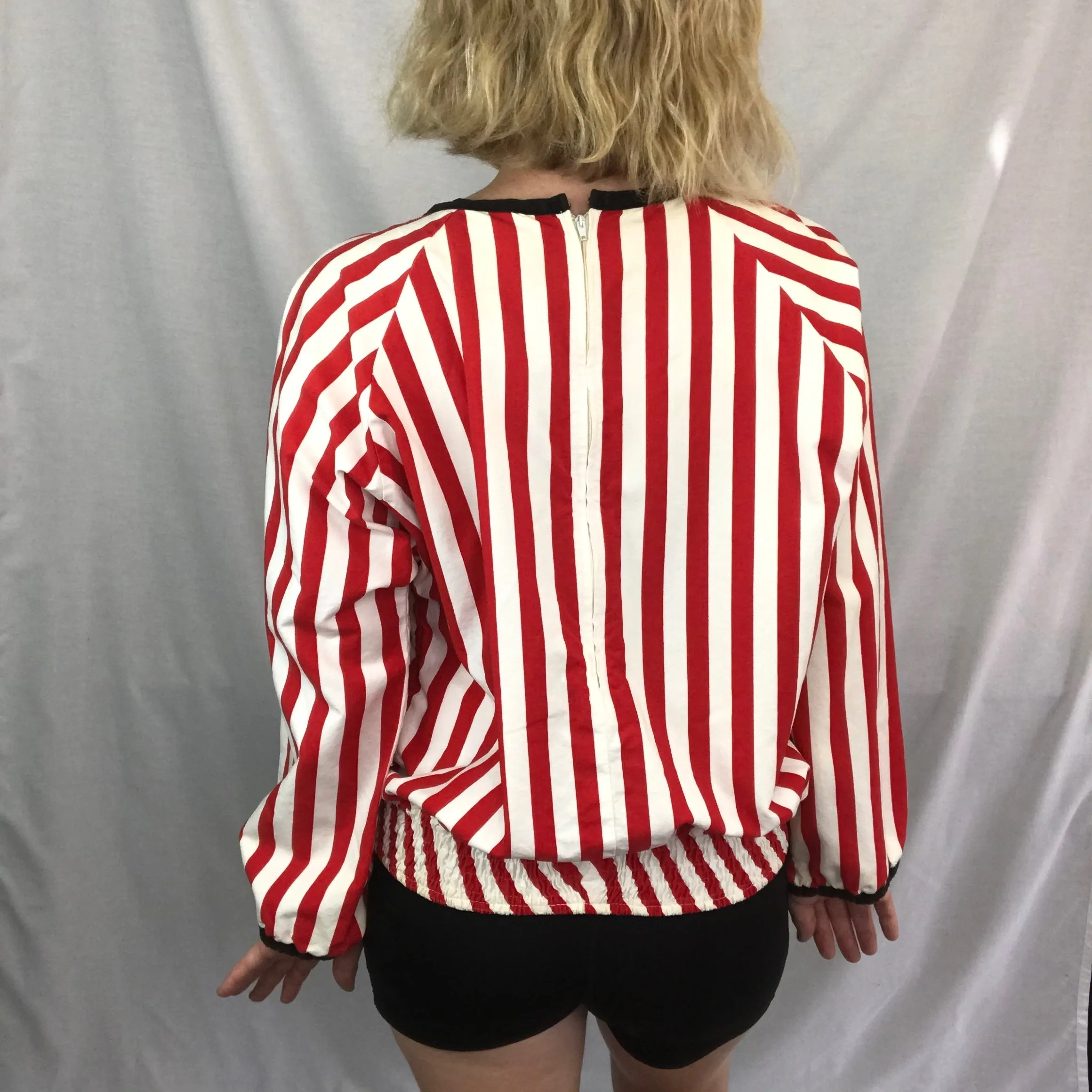 Vintage 50s 60s | Nautical Red and White Striped Statement Sleeve Blouse Top | M