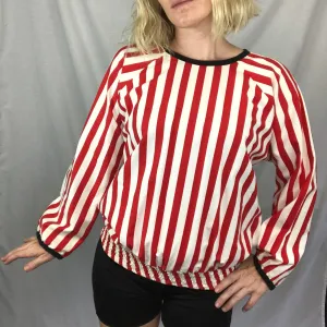 Vintage 50s 60s | Nautical Red and White Striped Statement Sleeve Blouse Top | M