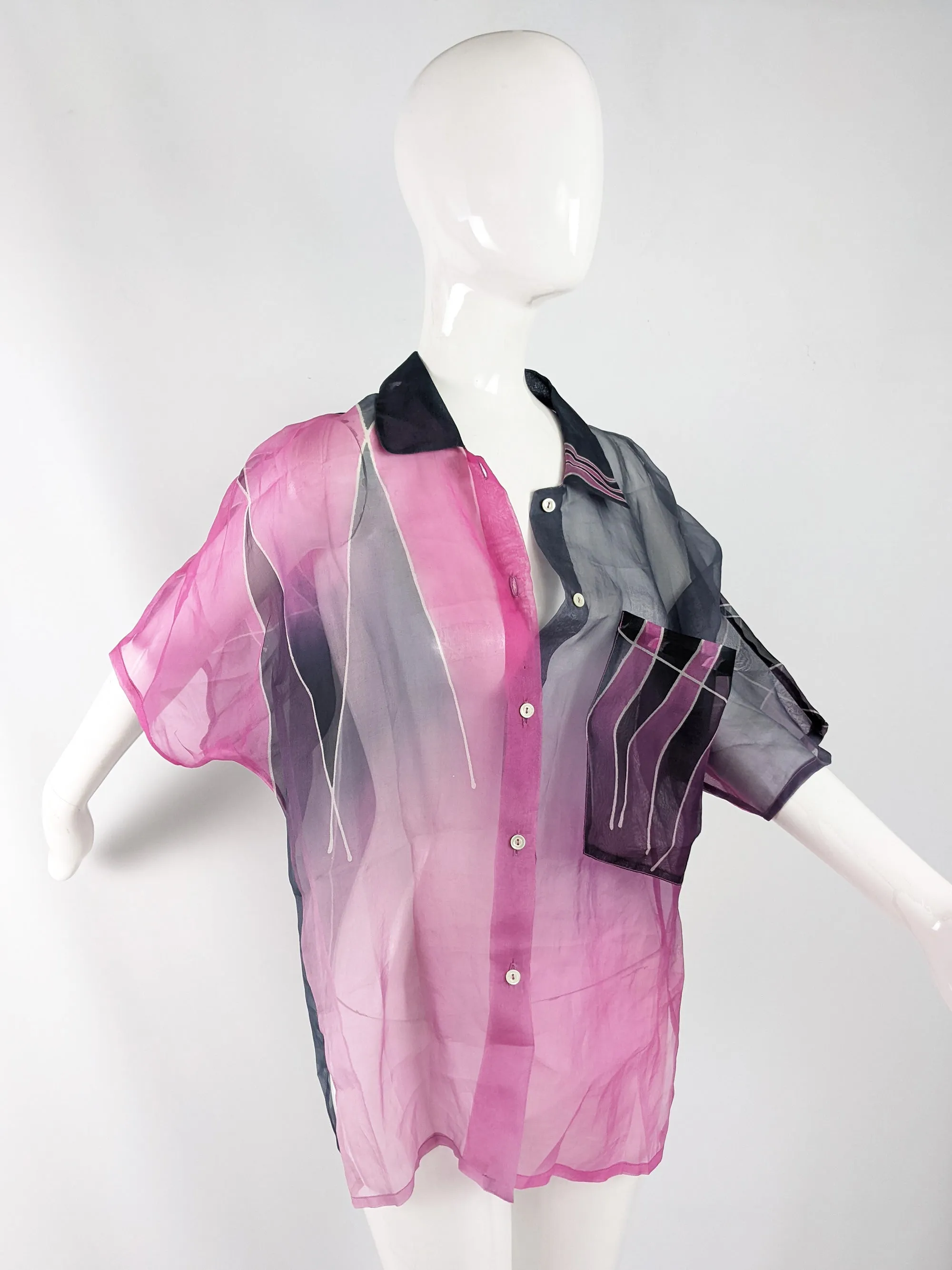 Vintage Hand Painted Sheer Silk Blouse, 1980s