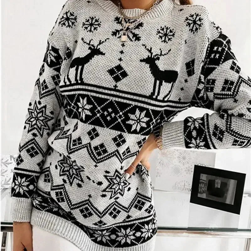 Wenkouban-Christmas Thanksgiving outfits_Deer Print Casual Loose Long Sleeve O Neck Warm Jacquard Knitwear Christmas Sweater