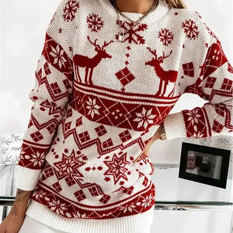 Wenkouban-Christmas Thanksgiving outfits_Deer Print Casual Loose Long Sleeve O Neck Warm Jacquard Knitwear Christmas Sweater