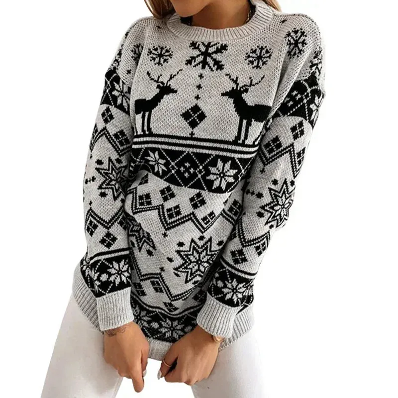 Wenkouban-Christmas Thanksgiving outfits_Deer Print Casual Loose Long Sleeve O Neck Warm Jacquard Knitwear Christmas Sweater