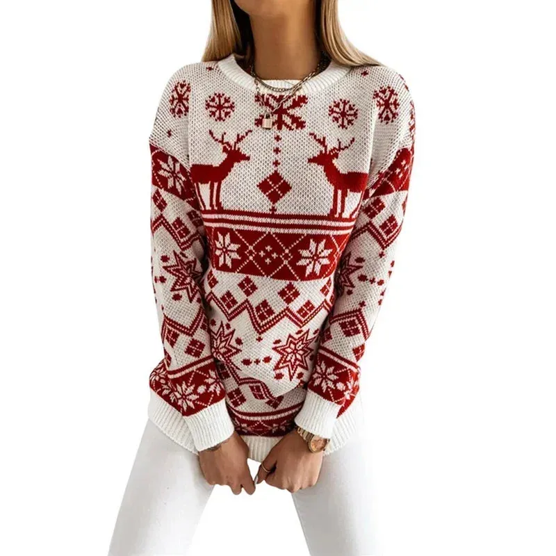 Wenkouban-Christmas Thanksgiving outfits_Deer Print Casual Loose Long Sleeve O Neck Warm Jacquard Knitwear Christmas Sweater