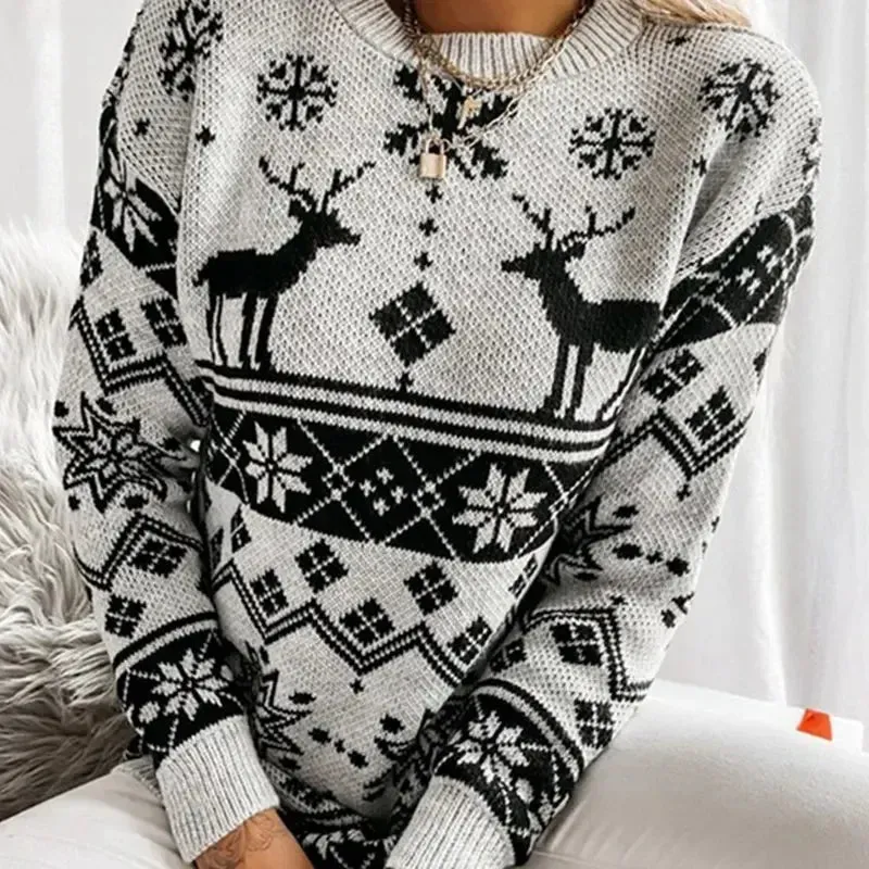 Wenkouban-Christmas Thanksgiving outfits_Deer Print Casual Loose Long Sleeve O Neck Warm Jacquard Knitwear Christmas Sweater