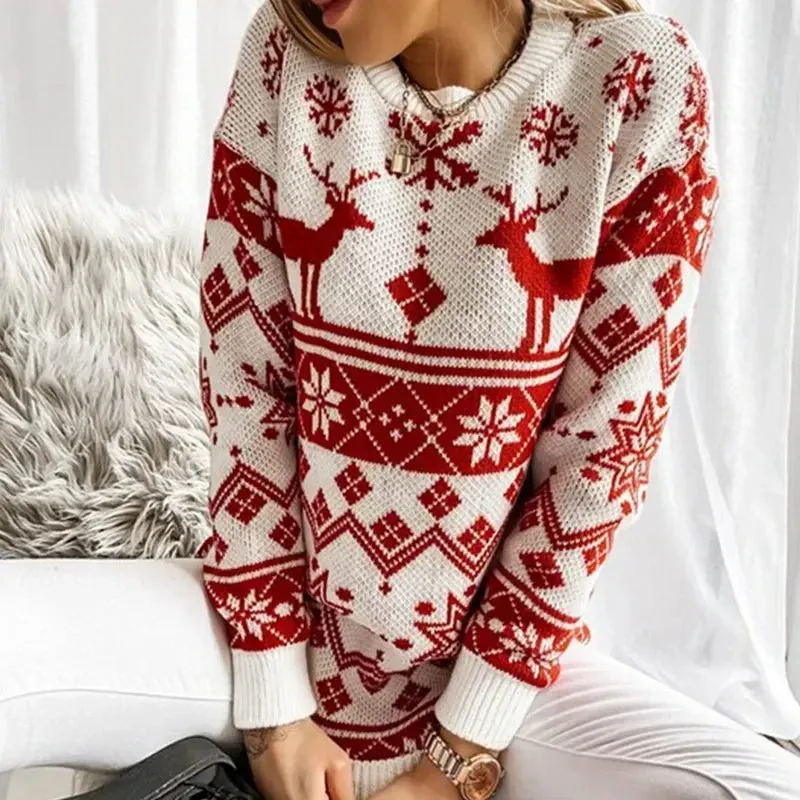 Wenkouban-Christmas Thanksgiving outfits_Deer Print Casual Loose Long Sleeve O Neck Warm Jacquard Knitwear Christmas Sweater