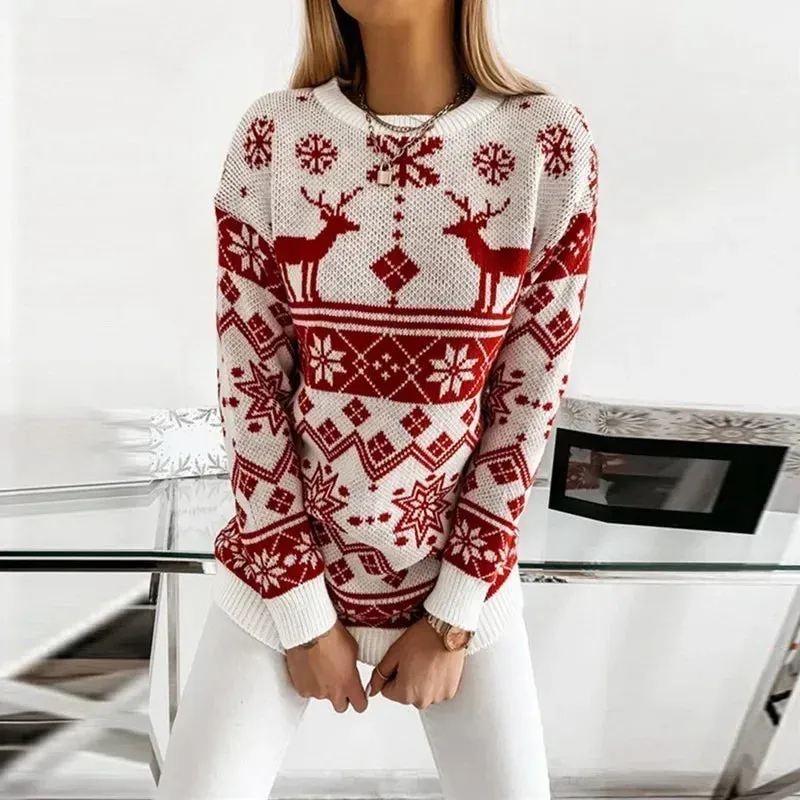 Wenkouban-Christmas Thanksgiving outfits_Deer Print Casual Loose Long Sleeve O Neck Warm Jacquard Knitwear Christmas Sweater