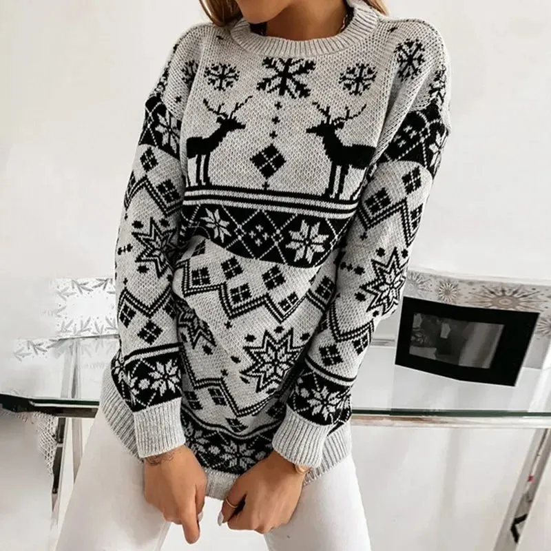 Wenkouban-Christmas Thanksgiving outfits_Deer Print Casual Loose Long Sleeve O Neck Warm Jacquard Knitwear Christmas Sweater