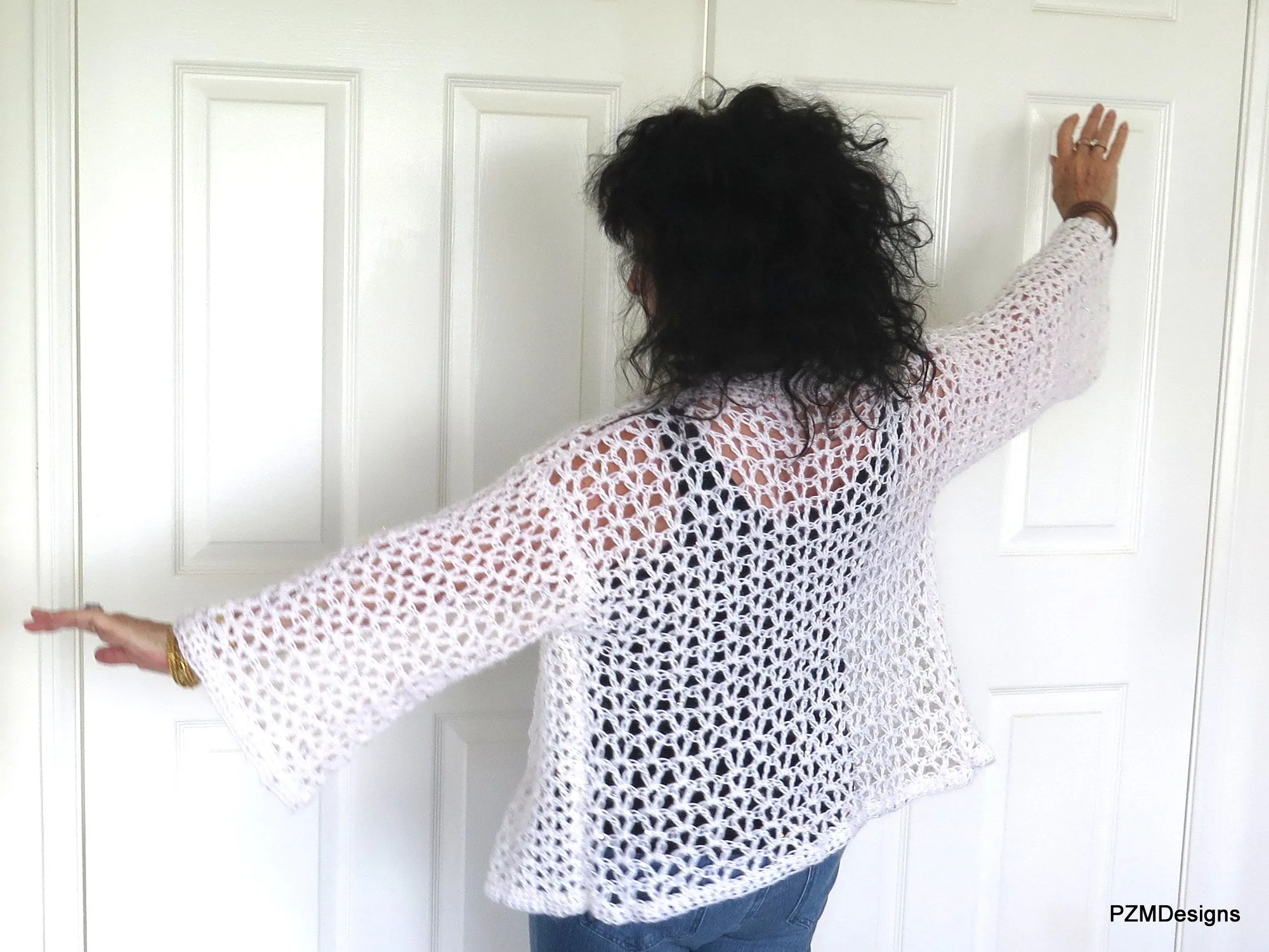 White Crochet Plus Size Sweater with Sequins, Gift for her