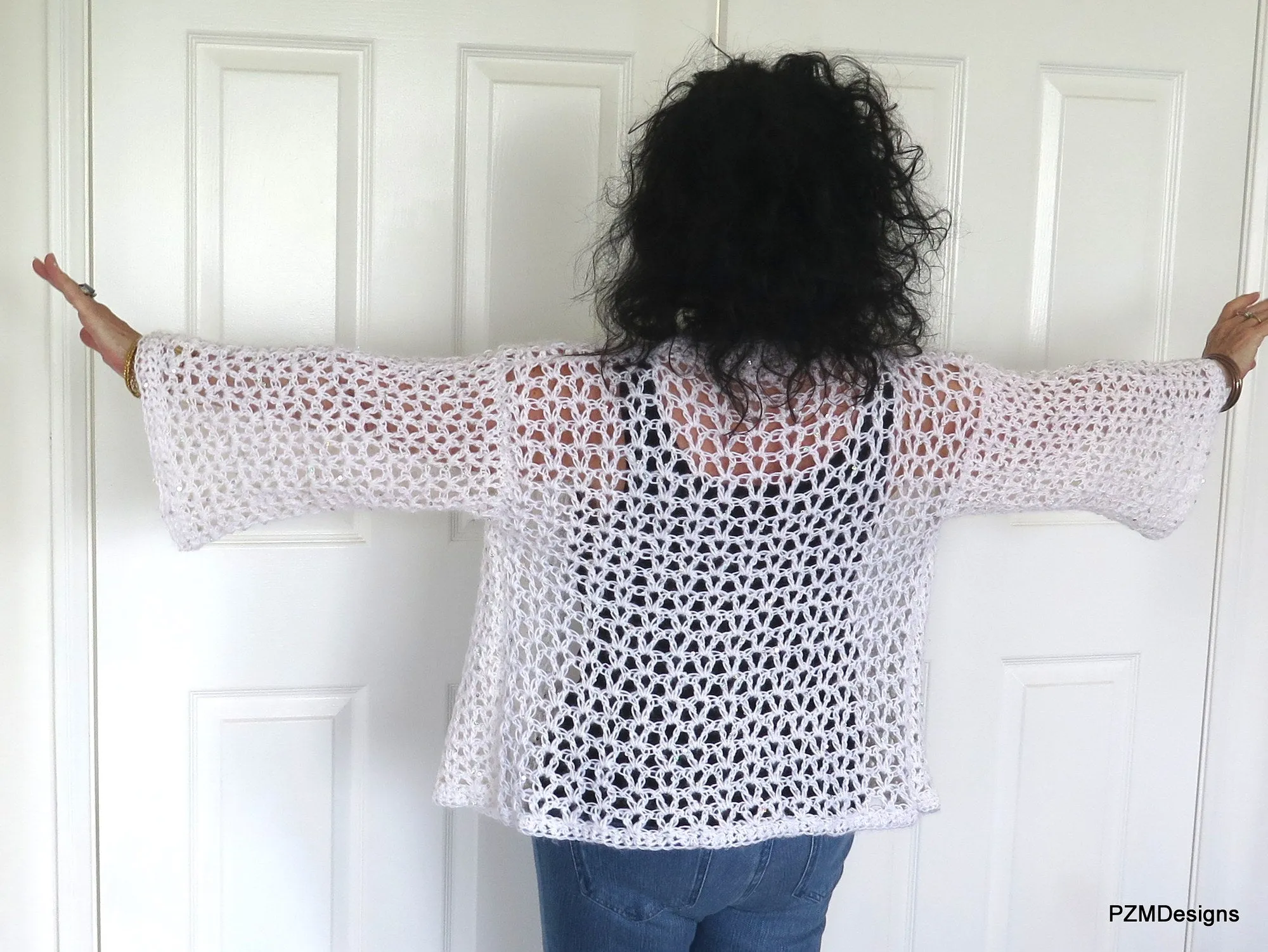 White Crochet Plus Size Sweater with Sequins, Gift for her