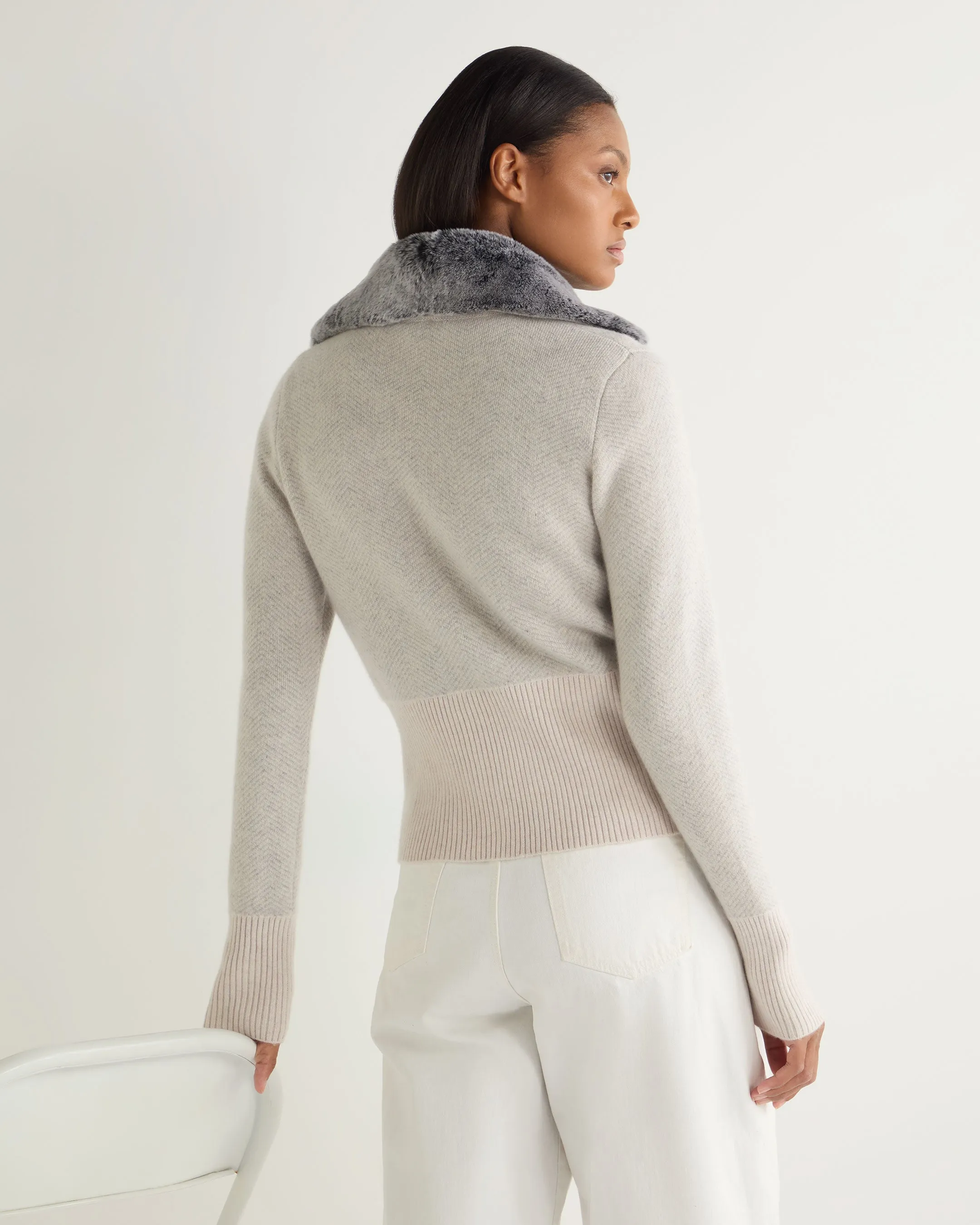 Women's Herringbone Cashmere Cardigan Frost White